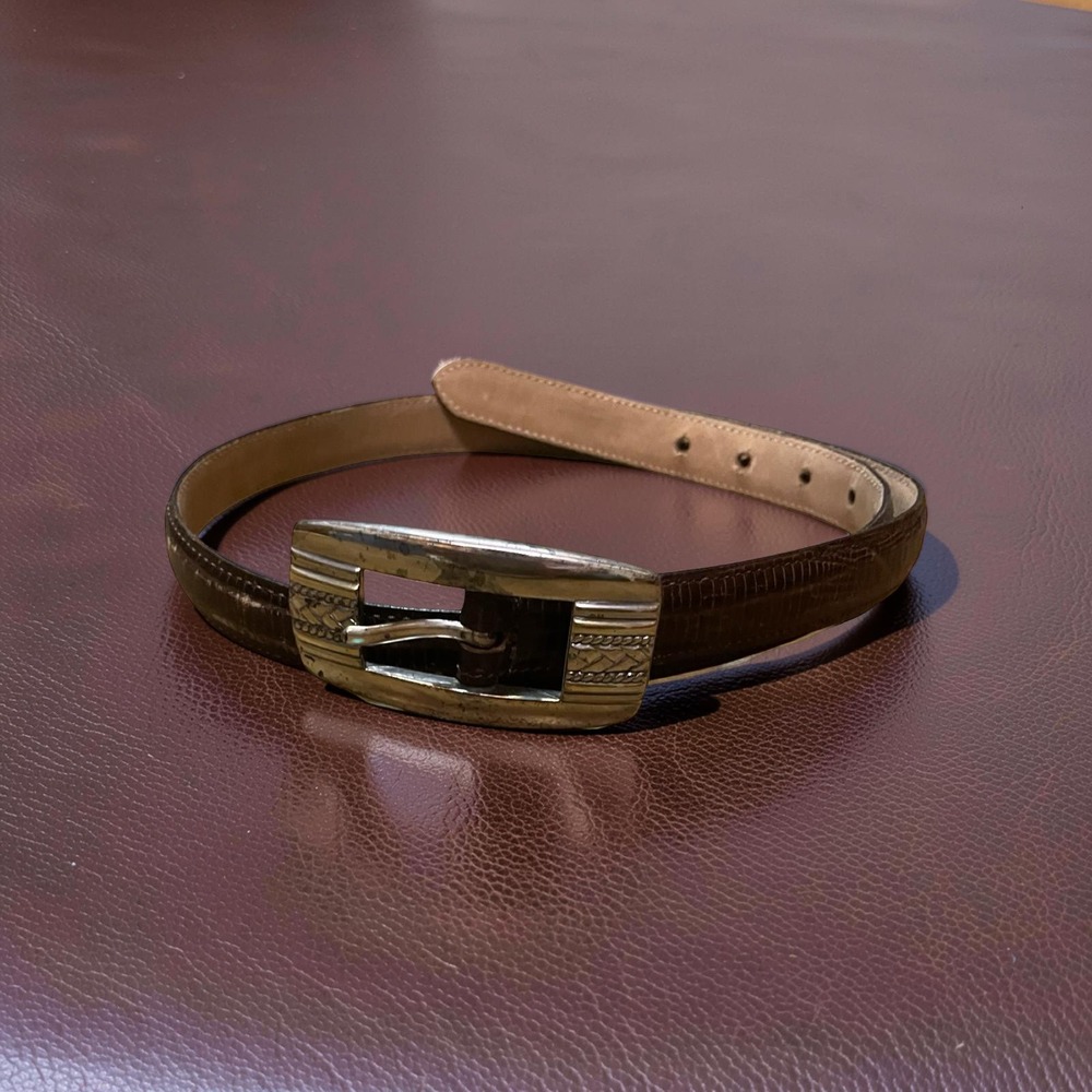Vintage‎ Italian Calfskin Brown Leather Belt Silver Buckle Made in USA 9873